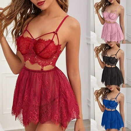 

Women Sexy Sleepwear Nightwear Lingerie Outfits Lace Flower Bra + Mesh Short Skirt + Thong 3pcs Set