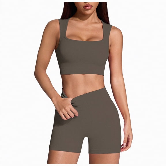 mgoYE Gym Sets Woman Workout Sets for Women 2 Piece Seamless Ribbed Crop Tank High Waist Shorts Yoga Outfits(Brown,S)