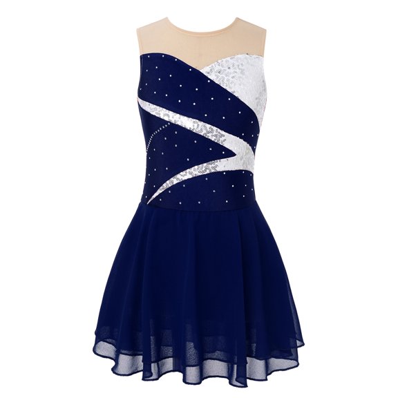 YUUMIN Kids Girls Mesh Splice Figure Ice Skating Dress Sleeveless Gymnastic Leotard Skirt Sequins Camisole Navy Blue 6
