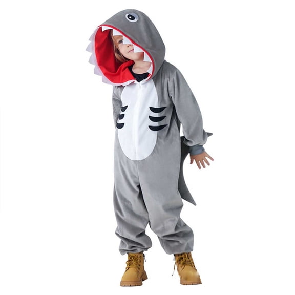Gunia Kids Shark For Boys Girls Plush Hooded Onesie Animal Pajamas Cosplay Halloween Role Play Dress Up Outfit Stage Performance Holiday Party Wear,Grey