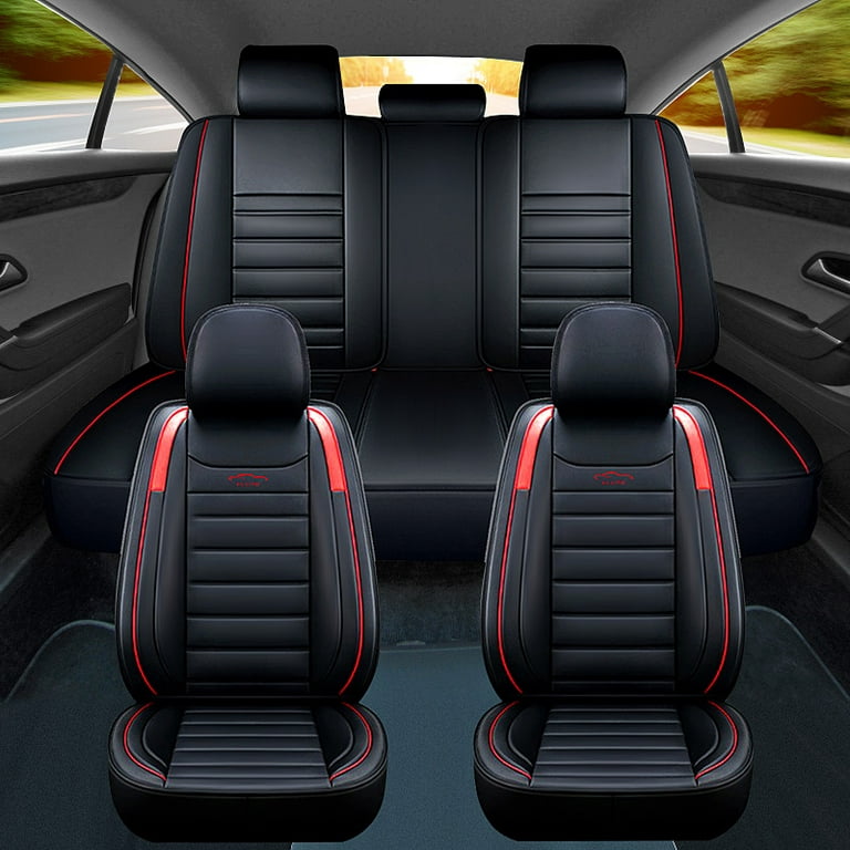 US 5-Seat Car PU Leather+Flax Seat Covers Cushion Set Kit Universal  Black/Red