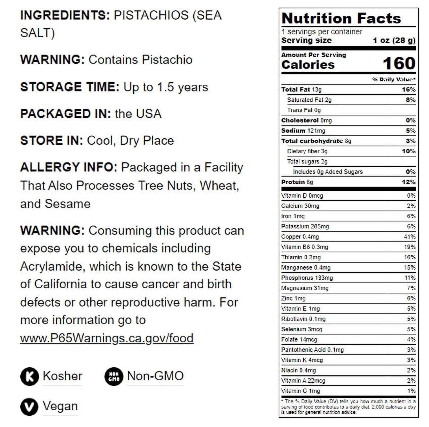 Pistachios Roasted and Salted, 3 Pounds - Kosher, Vegan - by Food to Live