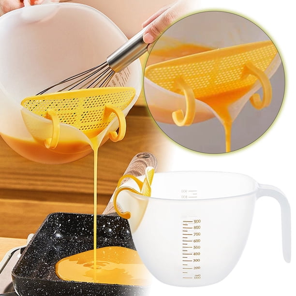 Bol para batir huevos y preparar masas con colador, malla fina, apto para uso alimentario, asa ergonómica, pico vertedor, multifuncional, para hornear, cocinar y batir huevos