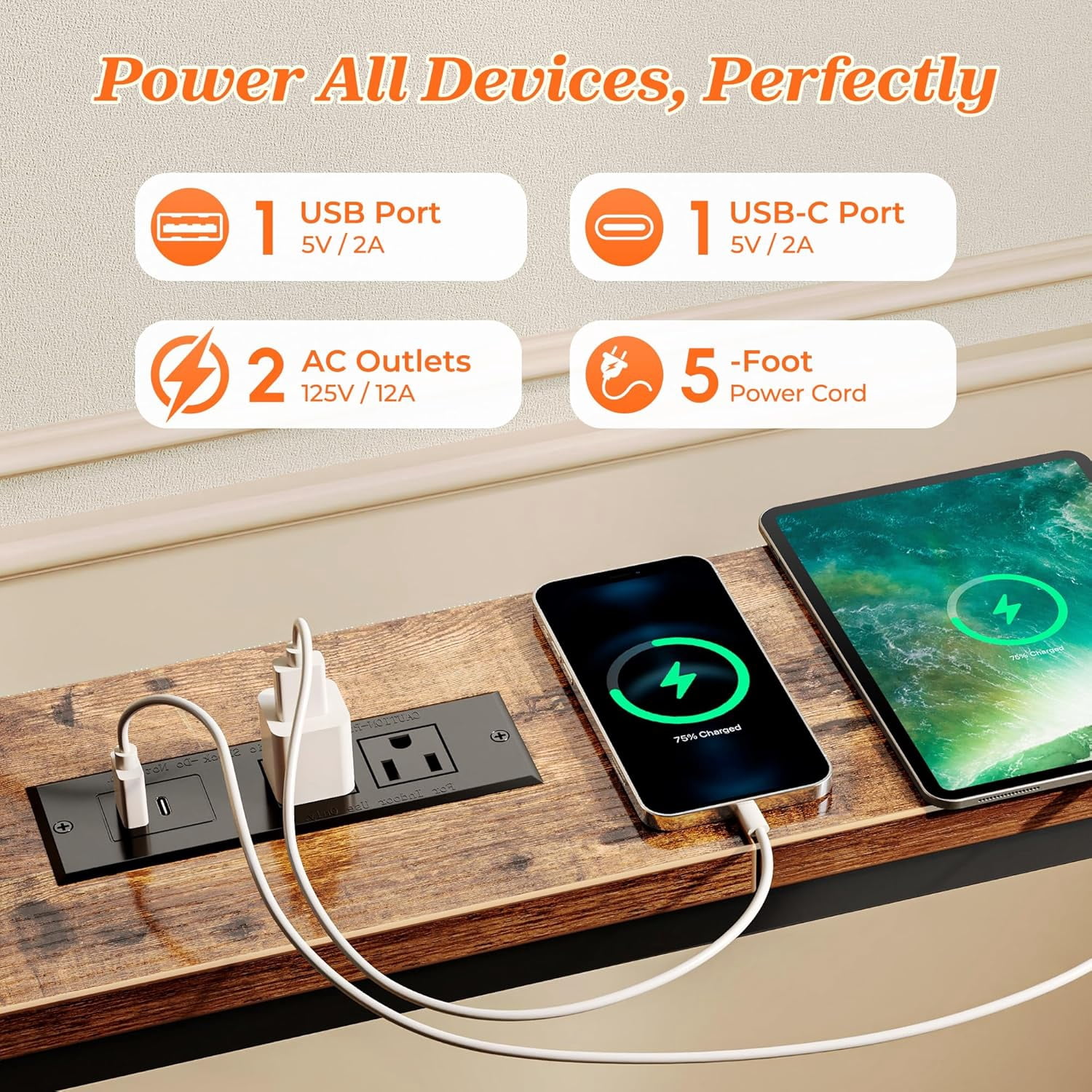 79 Inch Sofa Table with 2 Power Outlets and USB-C Ports, 5.9 Inch Narrow Console Table with Storage, Long Entryway Hallway Couch Table Behind Sofa, Small Spaces, Living Room, Rusitc Brown
