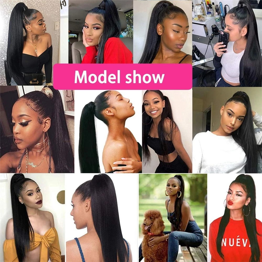 10-26 Inch Long Drawstring Ponytail Extension Natural Color Straight Pony Tail Clip in Remy Hair Piece for Black Women