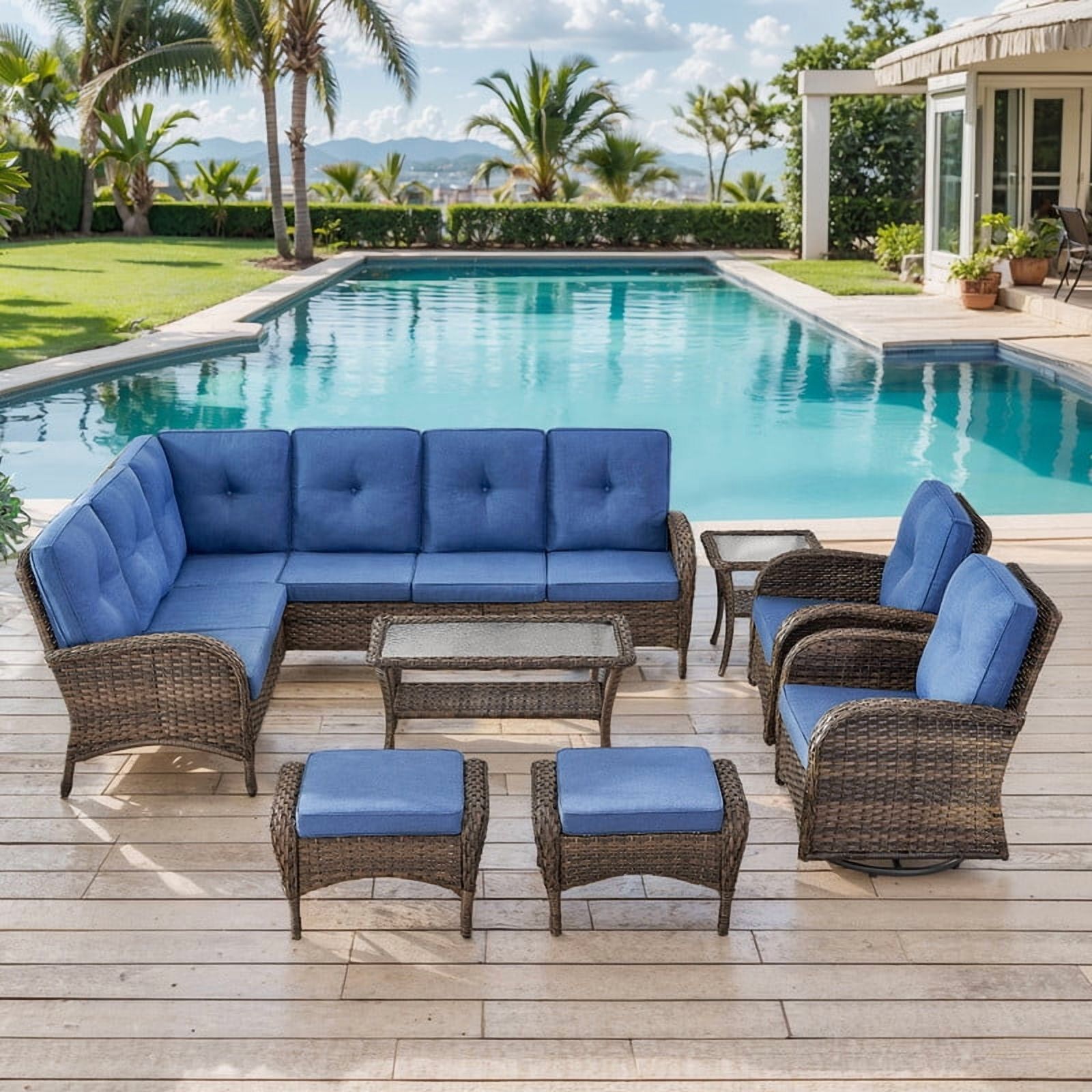PARKWELL 8-Piece Outdoor Sectional Furniture Set,Patio Wicker L Shaped Couch High Back Conversation Set with Coffee Table Swivel Glider for Garden Yard,Brown Wicker Navy Cushion