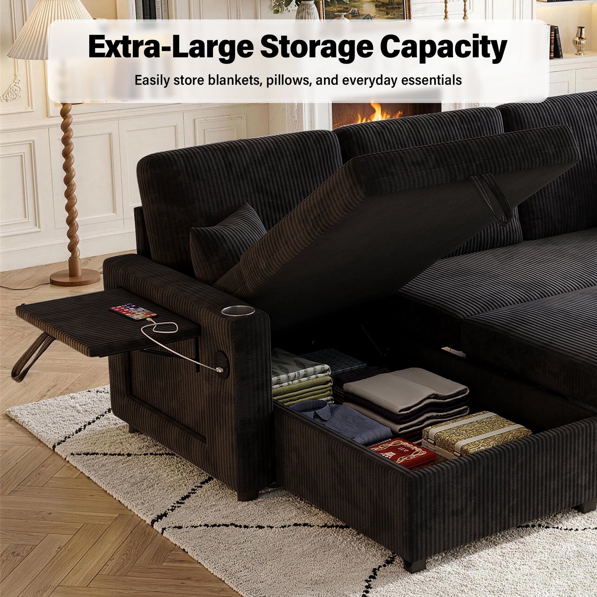 Aukfa 83" L-Shaped Sleeper Sleeper Sofa with Storage Chaise & Rotating Side Table, L-Shaped Corduroy Convertible Couch with USB/Type-C Ports,Black