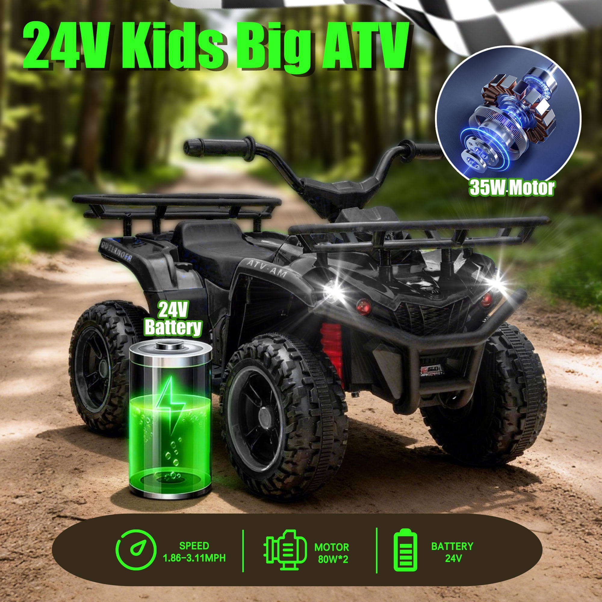 iYofe 24V Big Kids Ride on ATV Quad, Electric 4 Wheeler for Kids 3-6 with Battery Display, Anti-Slip Tires, LED Headlights, Bluetooth, MP3, Storage Racks, Gifts for Birthday & Christmas, Black