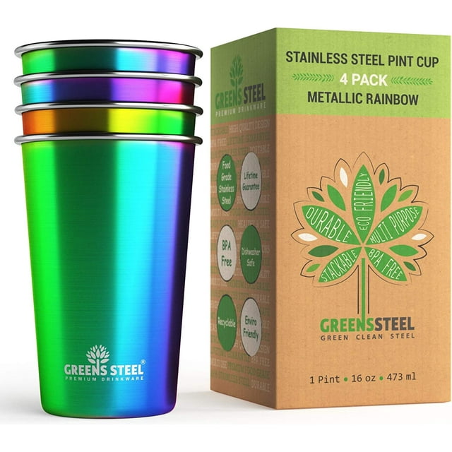 Vaso de cerveza Cup Greens, acero inoxidable, 473 ml, paquete de 4 unidades