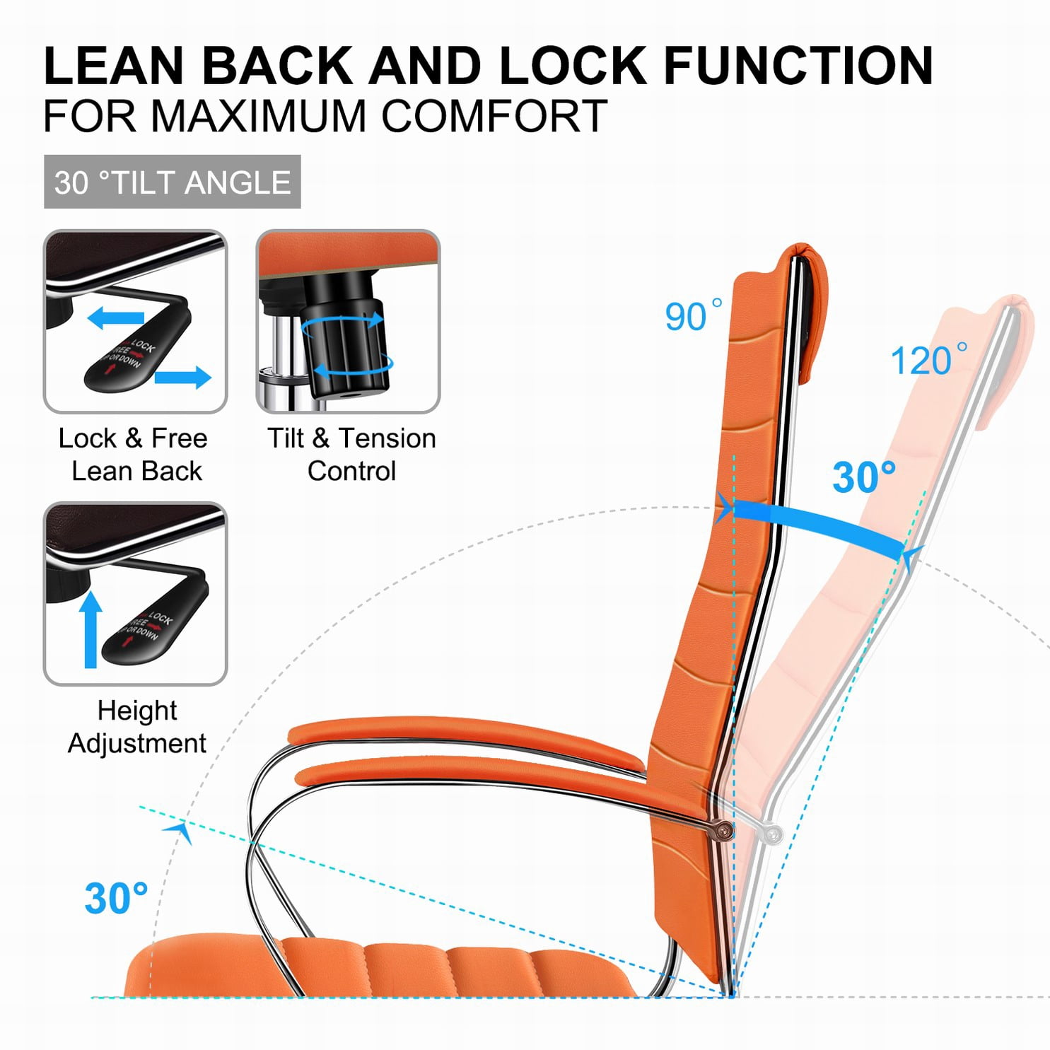 LUXMOD High Back Office Chair with Armrest, Orange Adjustable Swivel Chair in Durable Vegan Leather, Ergonomic Desk Chair for Extra Back & Lumbar Support –Orange
