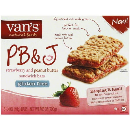 Van's Natural Foods PB&J Strawberry and Peanut Butter Sandwich Bars, 1.4 oz, 5 count, (Pack of