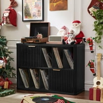 LELELINKY Large Record Player Stand, Wood Fluted Texture Boho Turntable Furniture, Vinyl Record Storage Cabinet for Living Room, Black