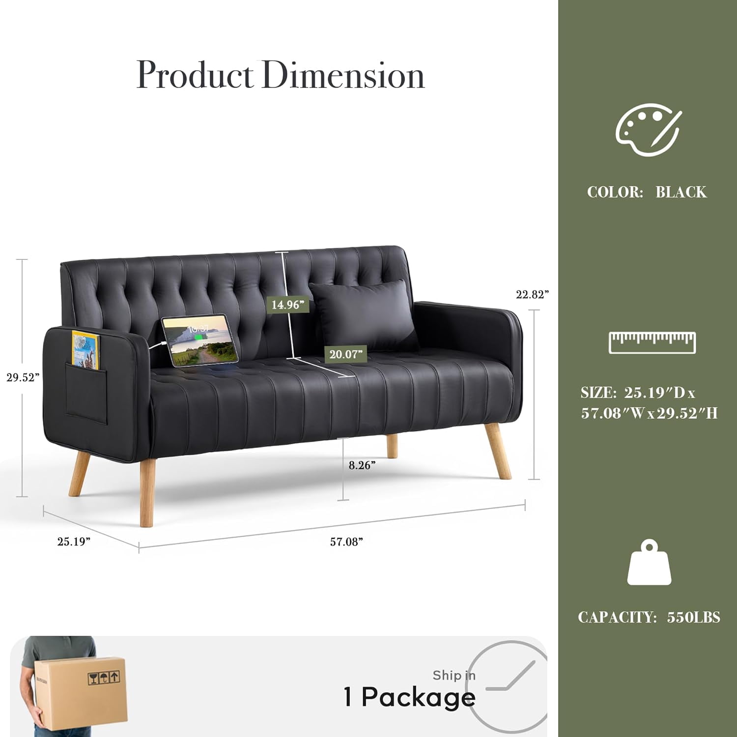 LAZZO 57" Loveseat Sofa, Faux Leather Tufted Couch with USB Ports and Side Pockets, Black