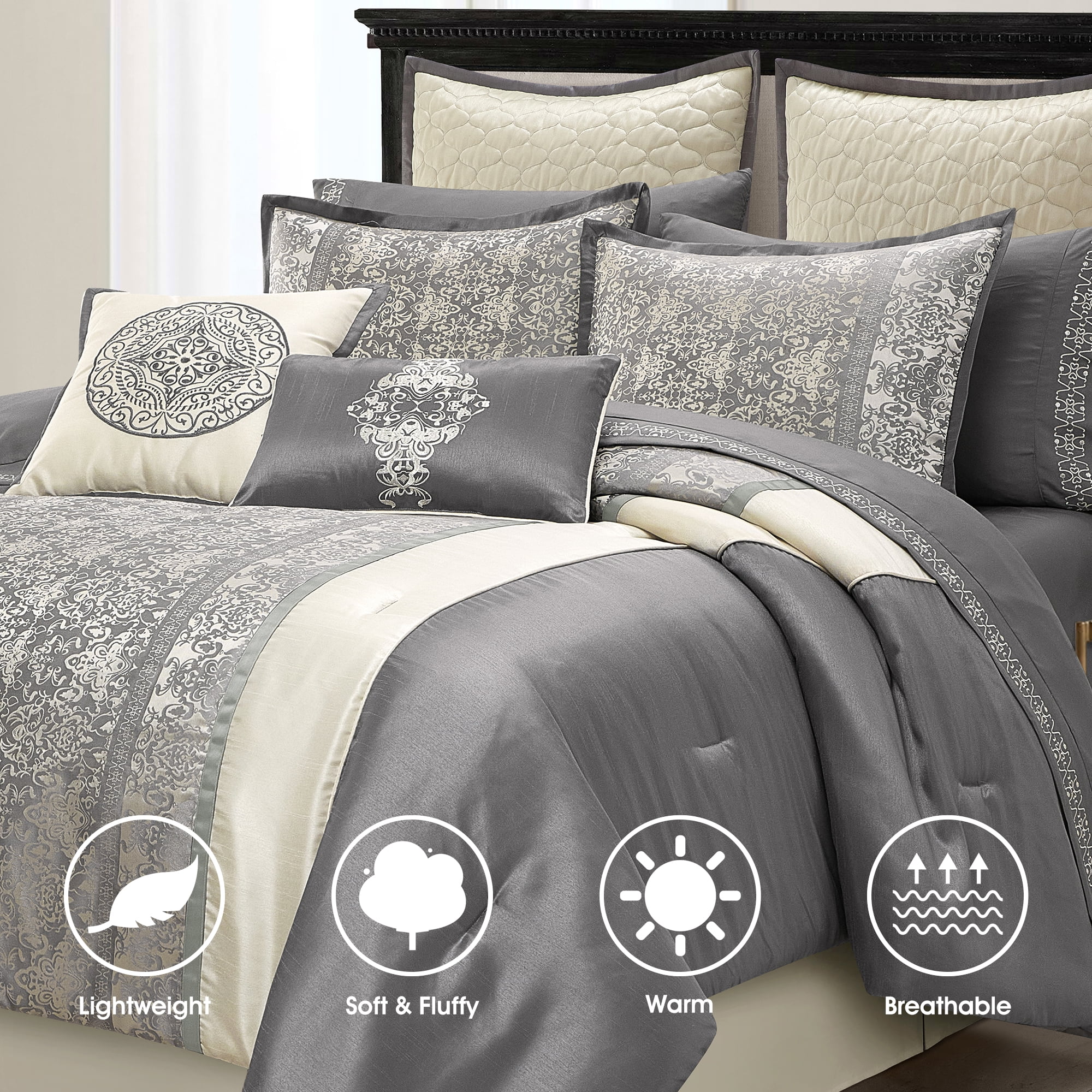 Lanco Silver & Ivory Comforter Set California King Size, Classic Jacquard Bedding Sets, Faux Silk, Premium Microfiber, 12 Pieces Bed in a Bag, Matching Fitted Sheet, Flat Sheet