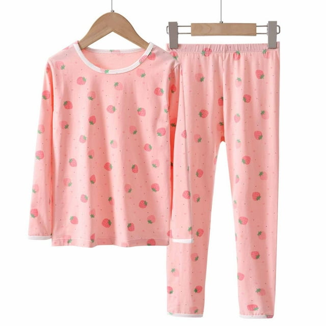 Ensemble de Pyjamas pour Enfants 2 Pcs en Coton, Haut à Manches Longues et Col Rond et Pantalon à Taille Élastique avec Imprimés Mignons 8-14 Ans (13-14 Ans, Rose)