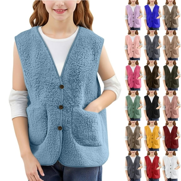 Boys Girls Polar Fleece Vest Jacket Kids Casual Button Down Sleeveless Sherpa Coat Lightweight Fall Winter Fuzzy Outerwear with Pocket
