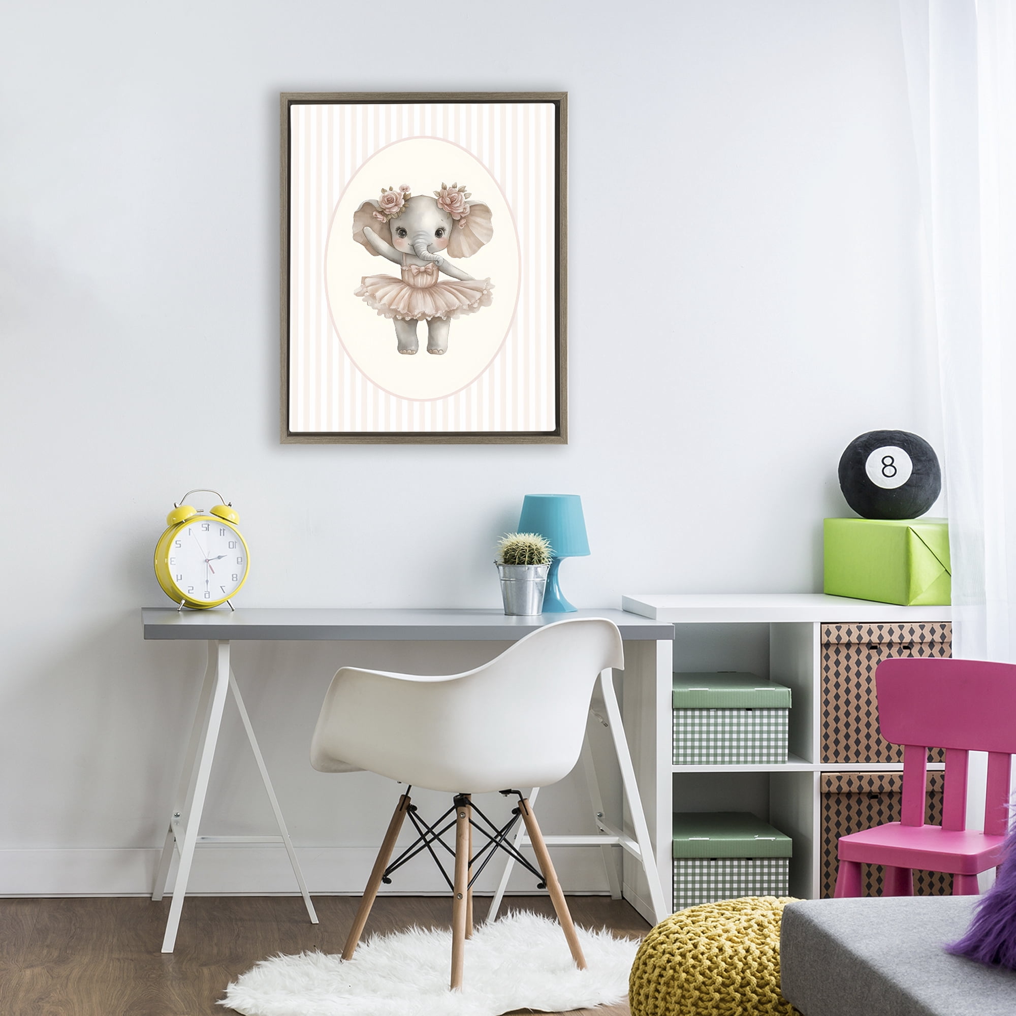 Stupell Industries Nursery Ballerina Elephant Striped Brown Framed Floater Canvas Wall Art, design by LSR Design Studio