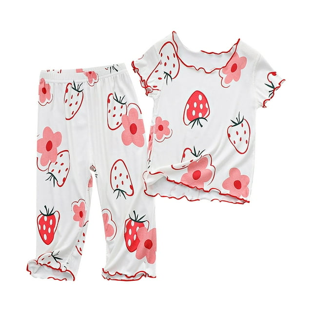Hiiyo Pyjamas pour Filles Tout-Petits Imprimés Fraise T-Shirt à Manches Courtes Pantalon Ensemble de Pyjamas