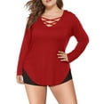 thumbnail image 2 of JYLFC Womens Shirts Long Sleeve Plus Size Criss Cross Neck Tee Shirts, Red 5XL, 2 of 4