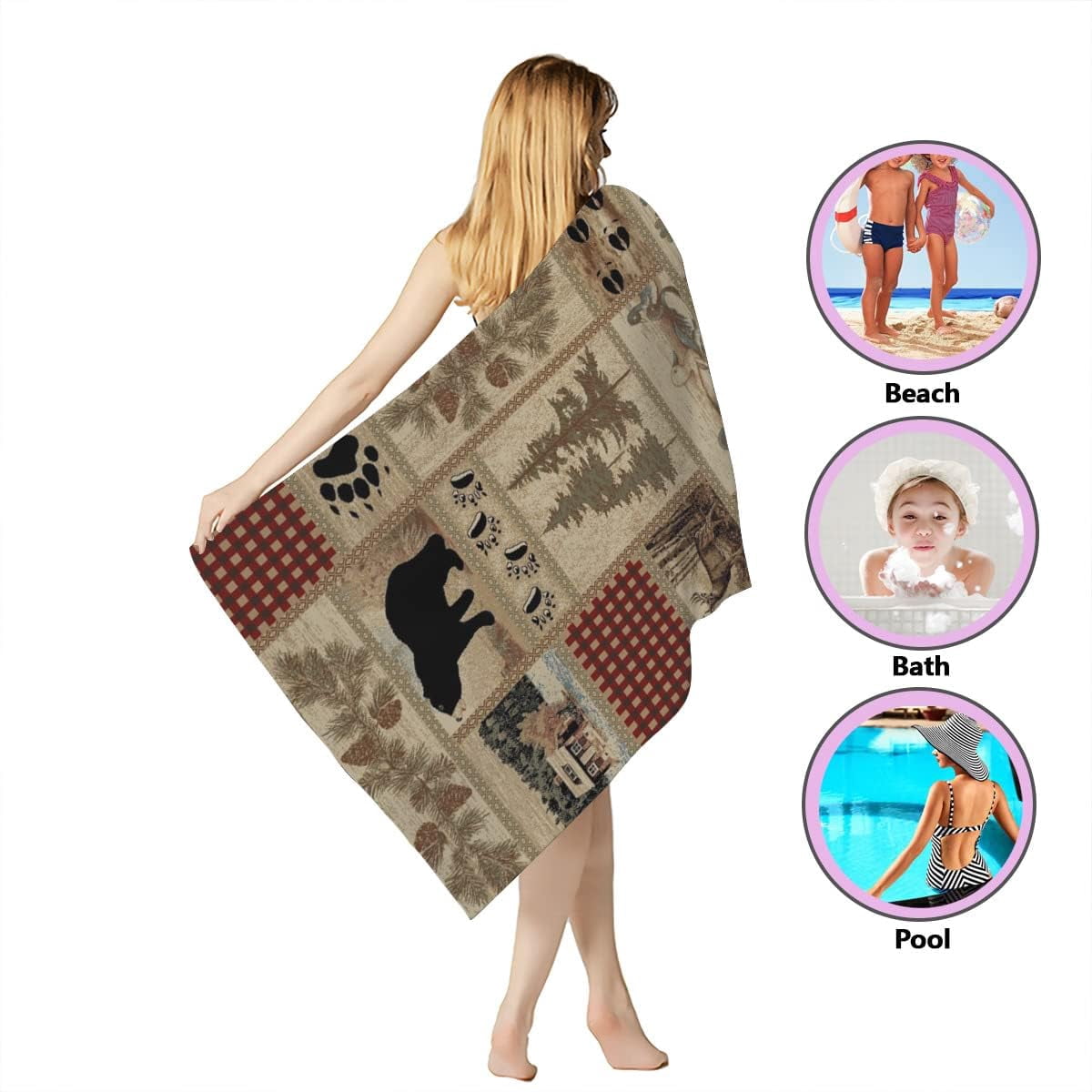 Retro Rustic Beach Towel, Moose Deer Bear Leaf Tree Country Style Farmhouse Microfiber Ultra Soft Quick Dry Highly Absorbent Bath Towels for Beach Party Outdoor Travel Swim Pool Yoga 33x52 Inch