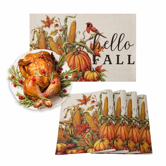 Fall Placemats Set of 4 Robin Bird Maple Leaf Place Mats Thanksgiving Placemat Pumpkin Corn Table Mats for Dining Kitchen Table Holiday Dinner Party Home Fall Decorations 13x19 Inch