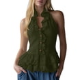 thumbnail image 4 of Craaazy Boho Tops for Women Sleeveless Halter Neck Solid Color Ruffle Trim Button Down Shirts for Everyday, 4 of 7