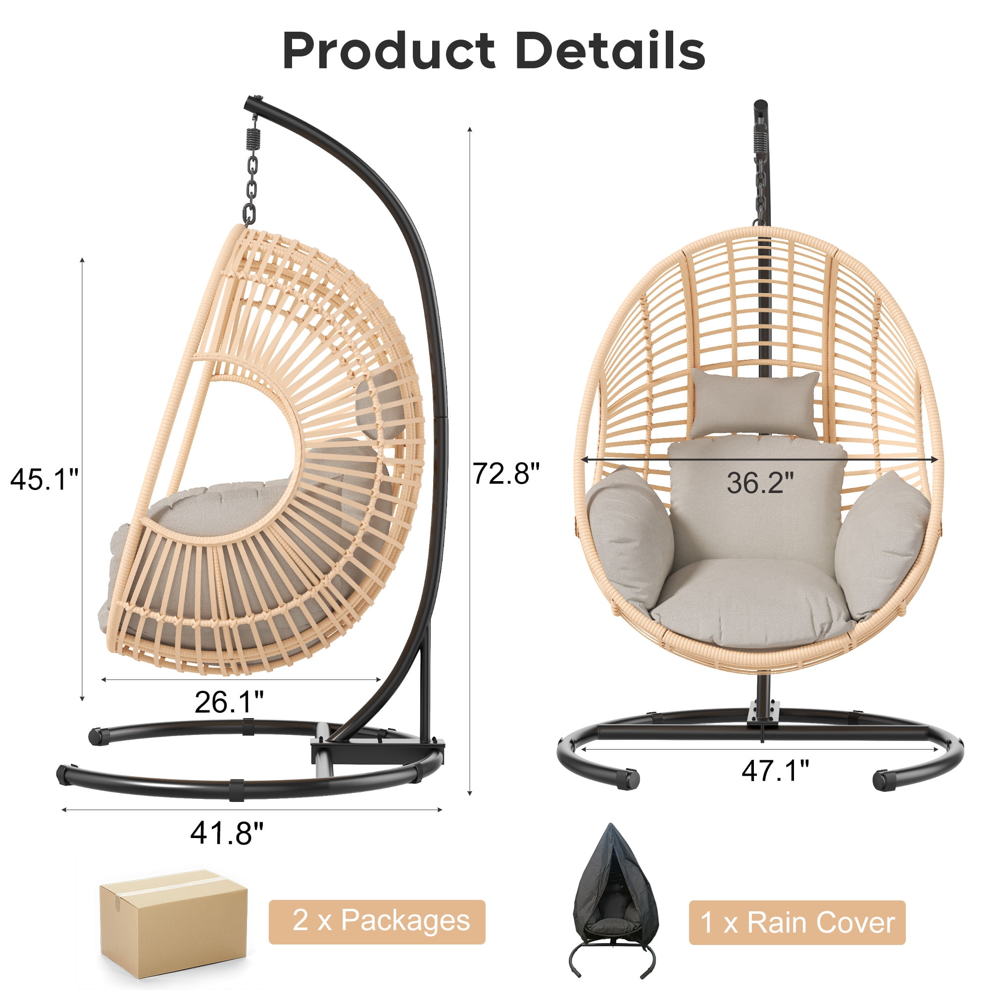 Extra Wide Hanging Egg Chair with U Base & Stand, 400 lb Capacity Patio Swing Chair with 8-Inch Thick Cushion, Weatherproof PE Rattan + Waterproof Cover for Garden, Natural
