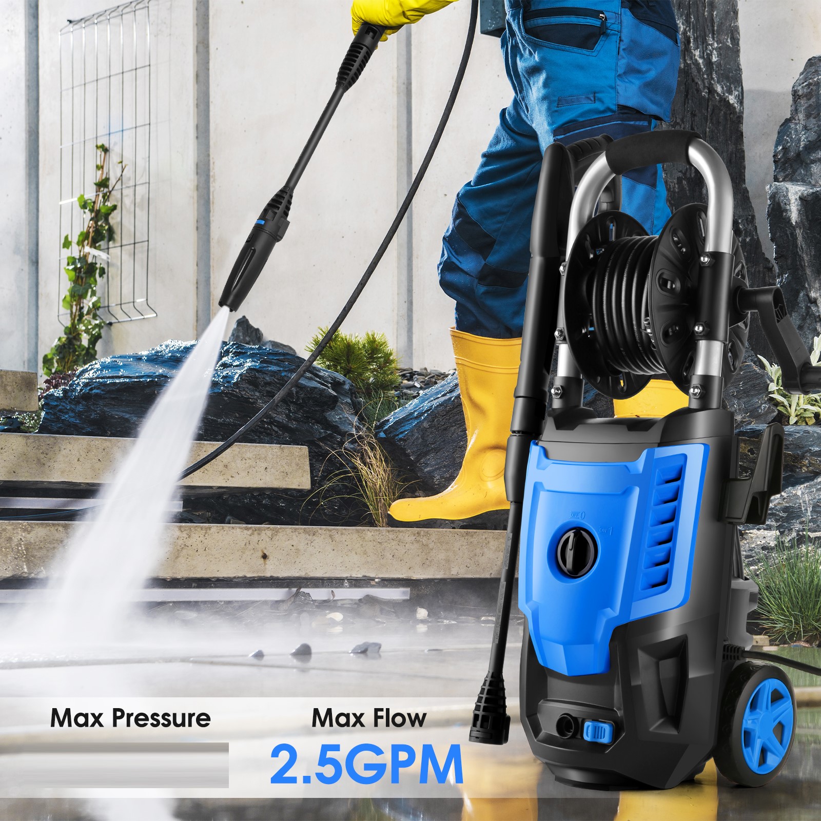Homdox WD3500 Electric Pressure Washer, 2.5GPM 1800W Electric Power Washer, Power Washer Electric Powered with Adjustable Nozzle & Foam Cannon for Car Yard Driveway Garden, Blue with Hose Reel