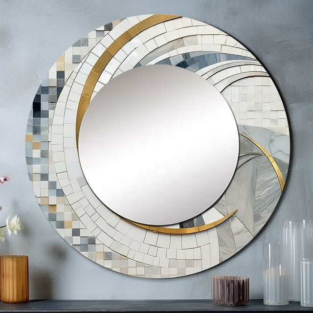 Designart « Mosaïque en Gris et Jaune II » Formes Abstraites Miroir Rond pour Déco Murale - Grand Miroir Rond Gris Imprimé - Miroir Rond Moderne 29 Pouces x 29 Pouces Pouces - Grand Miroir Rond Mural