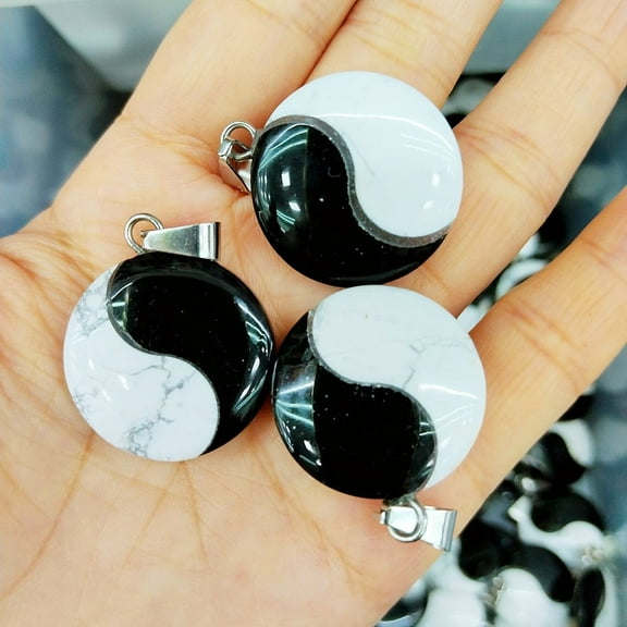 2 pc Natural Obsidian Howlite Pendants Yin-yang Charms with Platinum Tone Alloy Snap on Bails 29x25x8mm Hole: 6x3mm