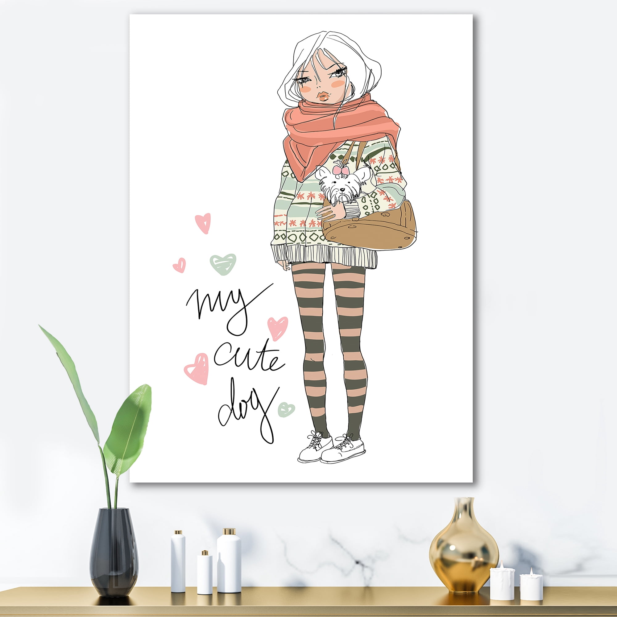 Designart ' My Cute Dog Cute Girl With Dog ' Shabby Chic Canvas Wall Art Print