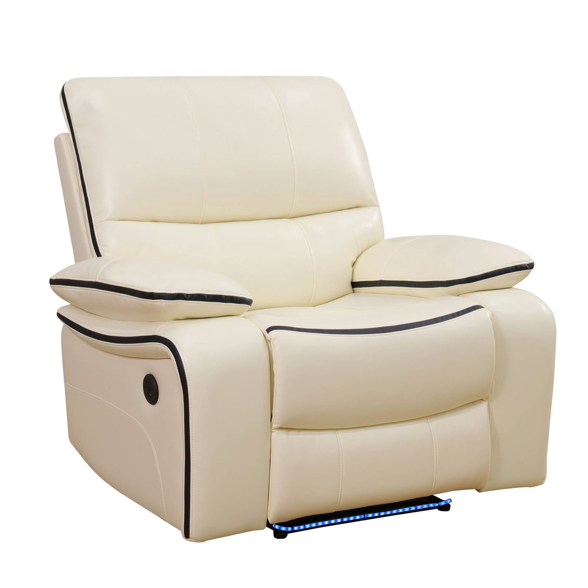 Power Leather Recliner Chair with LED Light for Living Room Recline Home Theater Seat with USB Port , White