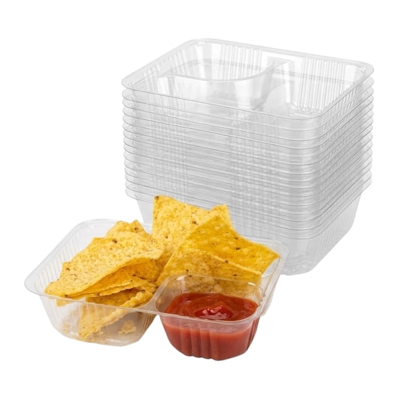 The Baker Celebrations Clear Plastic Nacho Trays, 2-Compartment Disposable Food Serving Containers, 12 oz (6x5 in), 125 Count