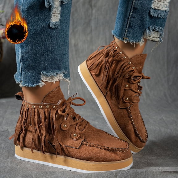 Mgmyaa Women's Ankle Boots Tassel Lace-Up Round Toe Low Block Heel Comfortable Cowboy Flat Heel Booties