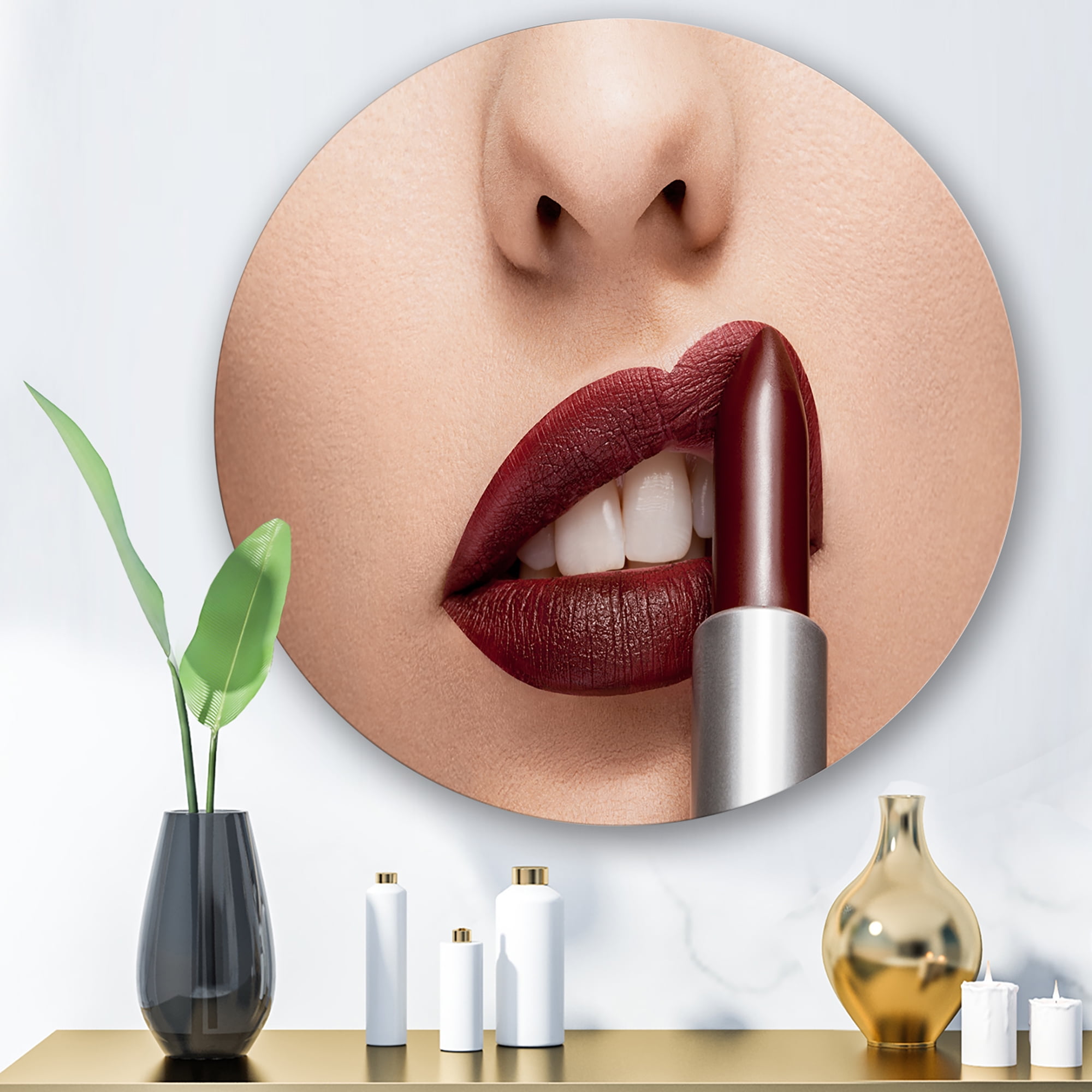 Woman Applying Red Lipstick On Lips II 11 in x 11 in Painting Art Prints, by Designart