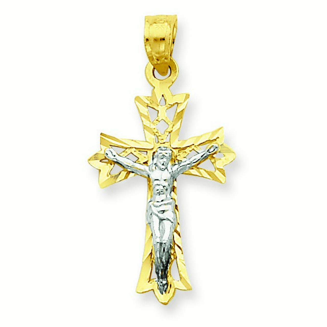 10K Rhodium Plated Yellow Gold & Rhodium Filigree Crucifix Pendant