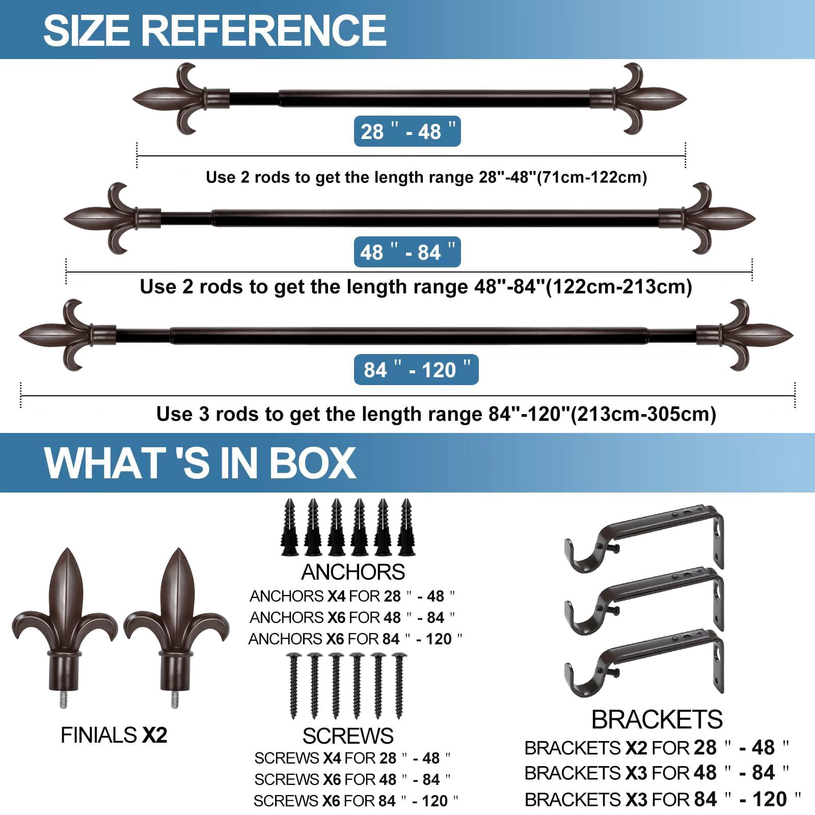 Urbanest Cast Forged Iron Curtain Rod with Fleur de Lis Finials – Heavy-Duty Decorative Designer Drapery Rod, Adjustable Metal Window Rod Set, 3/4" Diameter, 84" to 120", Oil-rubbed Bronze (ORB)