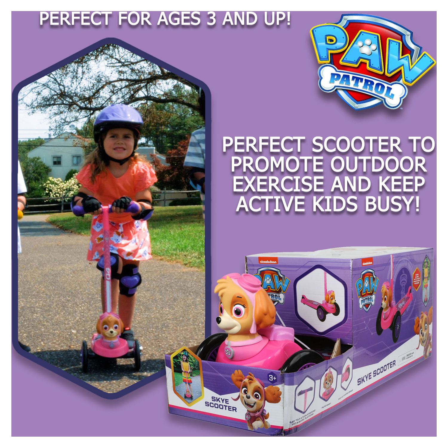 Paw Patrol Skye 3D Scooter with 3 Wheels Tilt and Turn- Pink, For Boys and Girls Ages 3+, Max Weight 75lbs, Foot-Activated Brakes