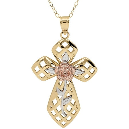 Simply Gold 10kt Yellow Gold Basketweave Design Cross with Pink Flower Center Pendant, 18