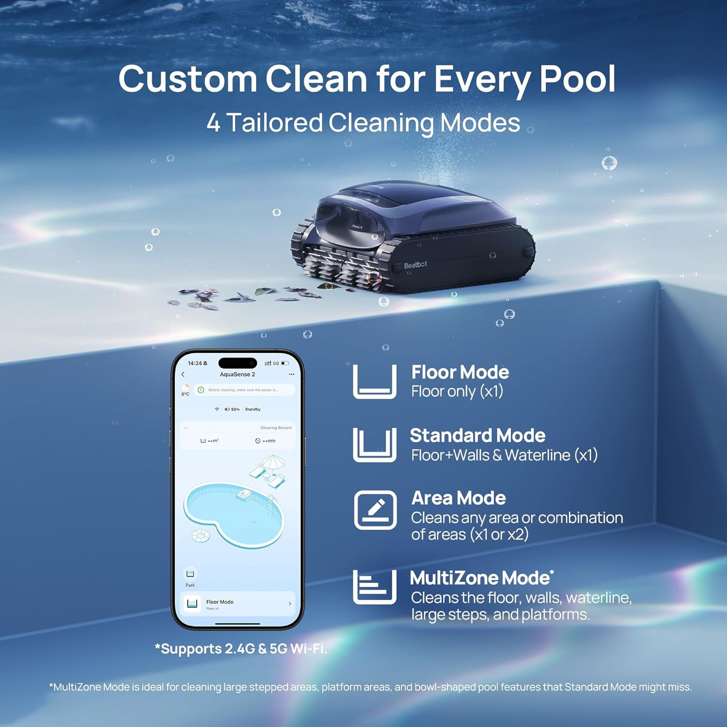 Upgraded Beatbot AquaSense 2 Cordless Robotic Pool Vacuum Cleaner, Smart Surface Parking, Double-Pass Waterline Scrubbing, Floor, Walls and Waterline, Above & In-Ground Pools up to 3,230 sq.ft - Blue