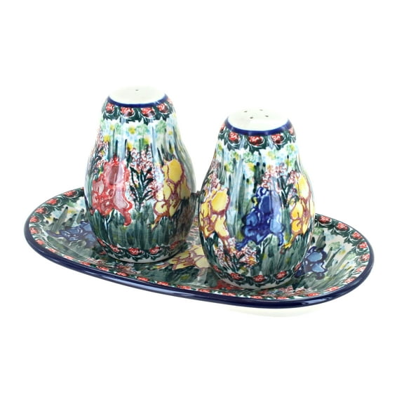 Blue Rose Polish Pottery Gladiolus Salt & Pepper Shakers with Tray