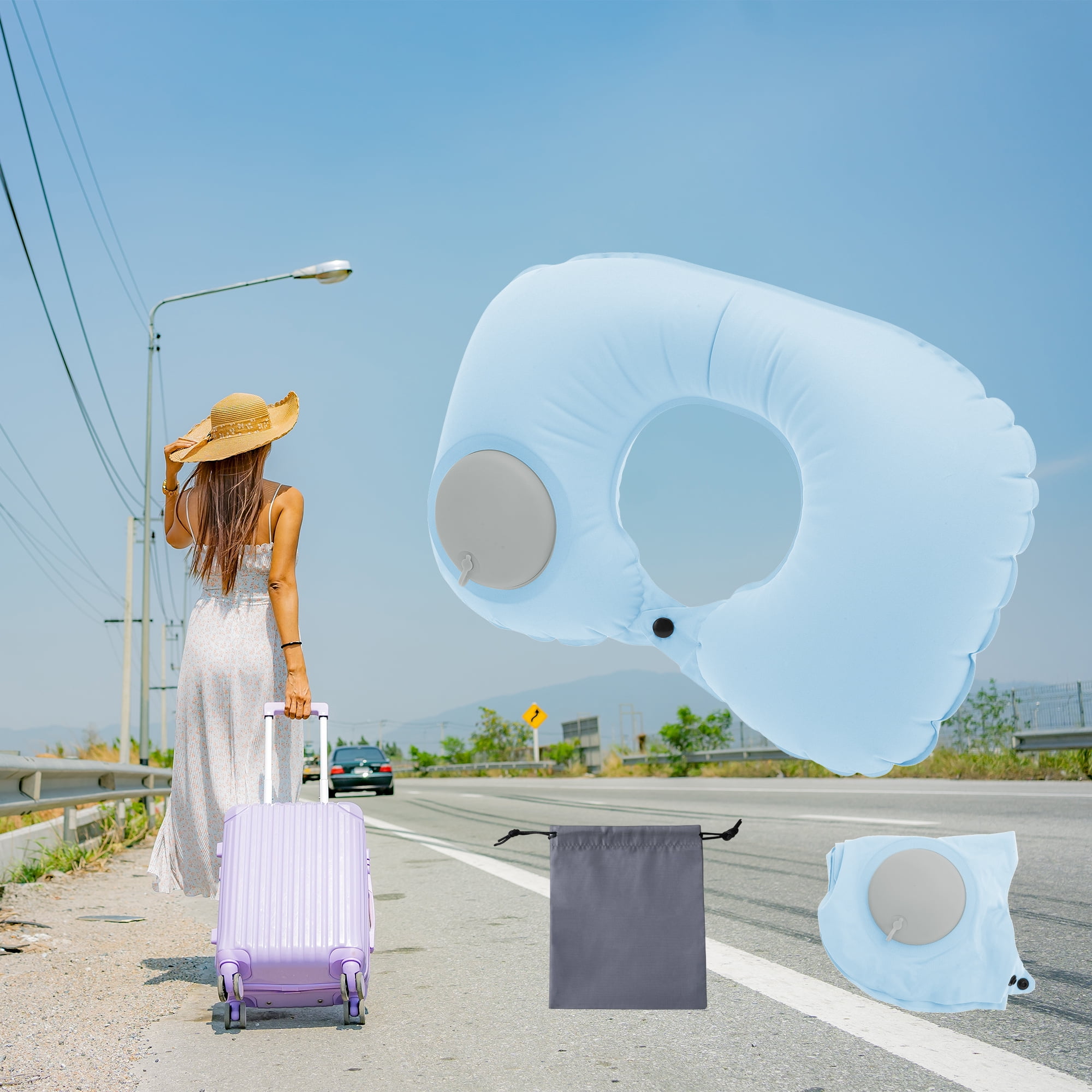 Unique Bargains Travel Pillow Press to Inflate Neck Pillow Blue 15.75"x11.02"