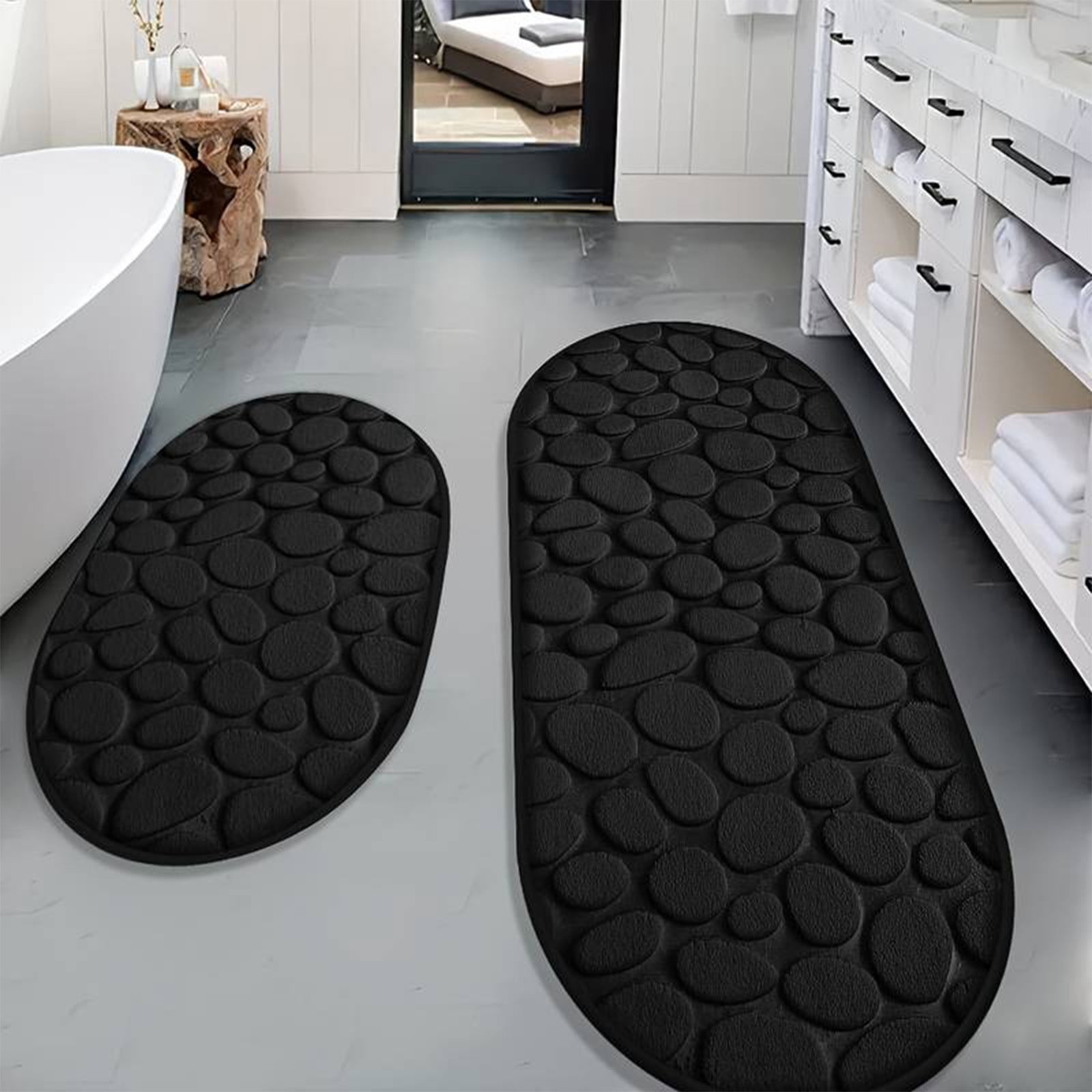 Cobblestone Pattern Rugs Set 2 Piece, Memory Foam Water Absorbent Bath Mats, for Bathroom, Sink, Toilet and Floor (15.7x23.6in+15.7x47.2in, Black)