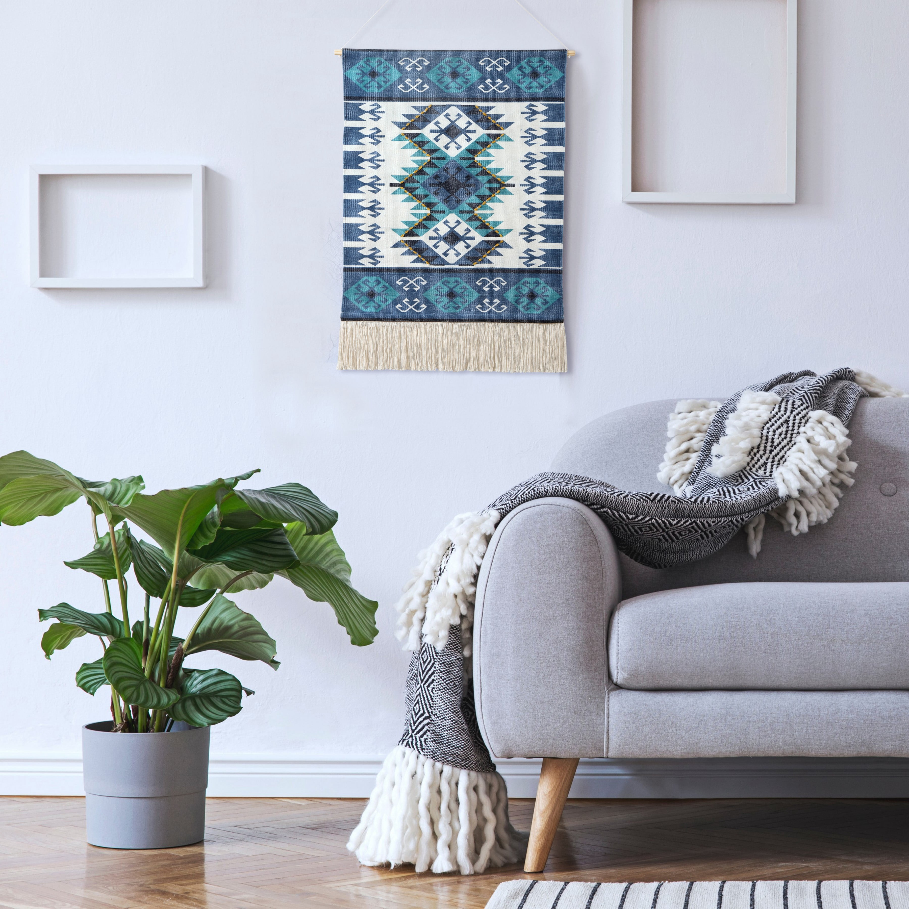 LR Home Xavi Blue/White Boho Aztec Fringe Wall Hanging, 4' Length
