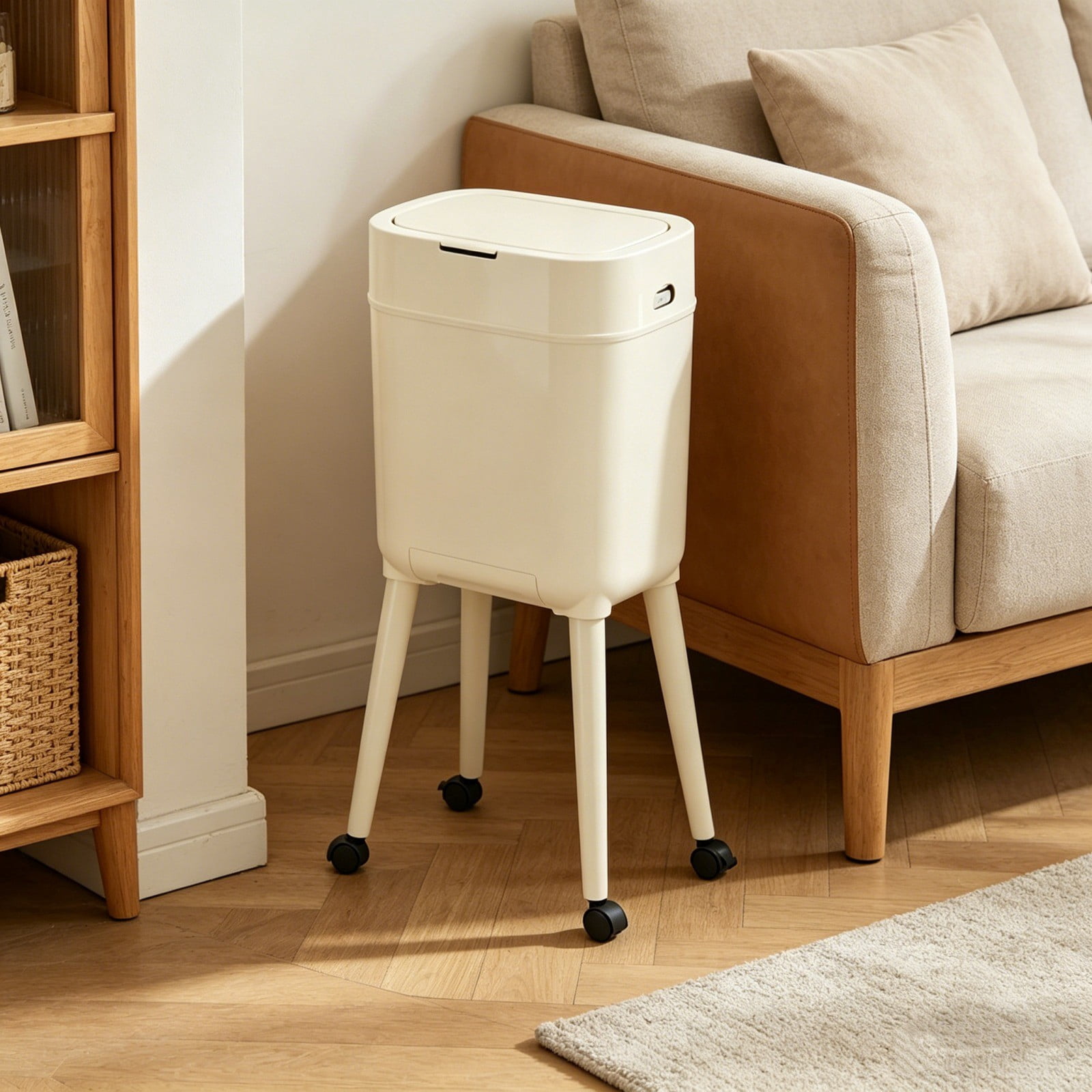 Bomd Modern High-Legged Trash Can with Wheels, Modern Narrow Garbage Can with Raised Legs, Space-Saving Rolling Dog-Proof Trash Bin for Bathroom, Kitchen, Bedroom, Office ，White