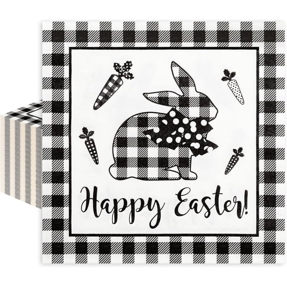 Easter Farmhouse Napkins - White Black Plaid Rabbit Luncheon Napkins - Disposable Paper Dinner Napkins for Spring Party Table Decorations