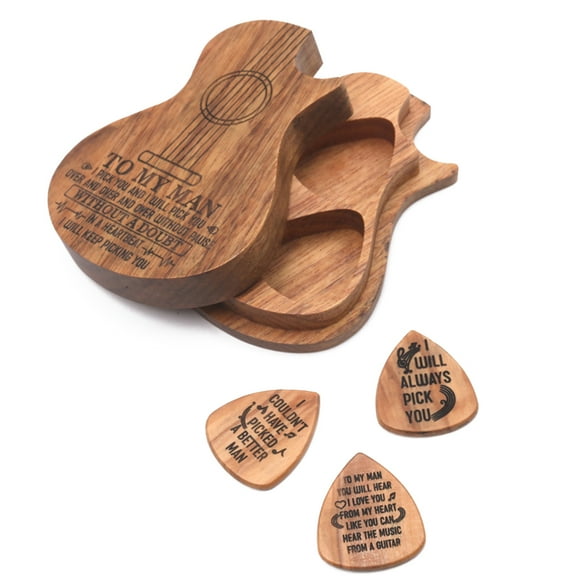 Yeacher Guitar Accessories Wood Guitar Pick Wooden Guitar Pick Box and Picks Guitar Pick Plectrum Storage Box One Box + Three Picks