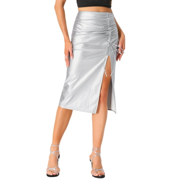 Falda de cuero sintético INSPIRE CHIC para mujeres, de cintura alta, con abertura lateral, ajustada, estilo lápiz, midi, color plateado