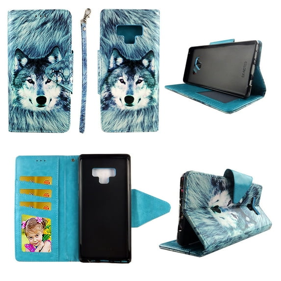 Snow Wolf Wallet Case for Samsung Galaxy Note 9 Folio Standing Cover Card Slot Money Pocket Magnetic Closure Fashion Flip Pu Leather