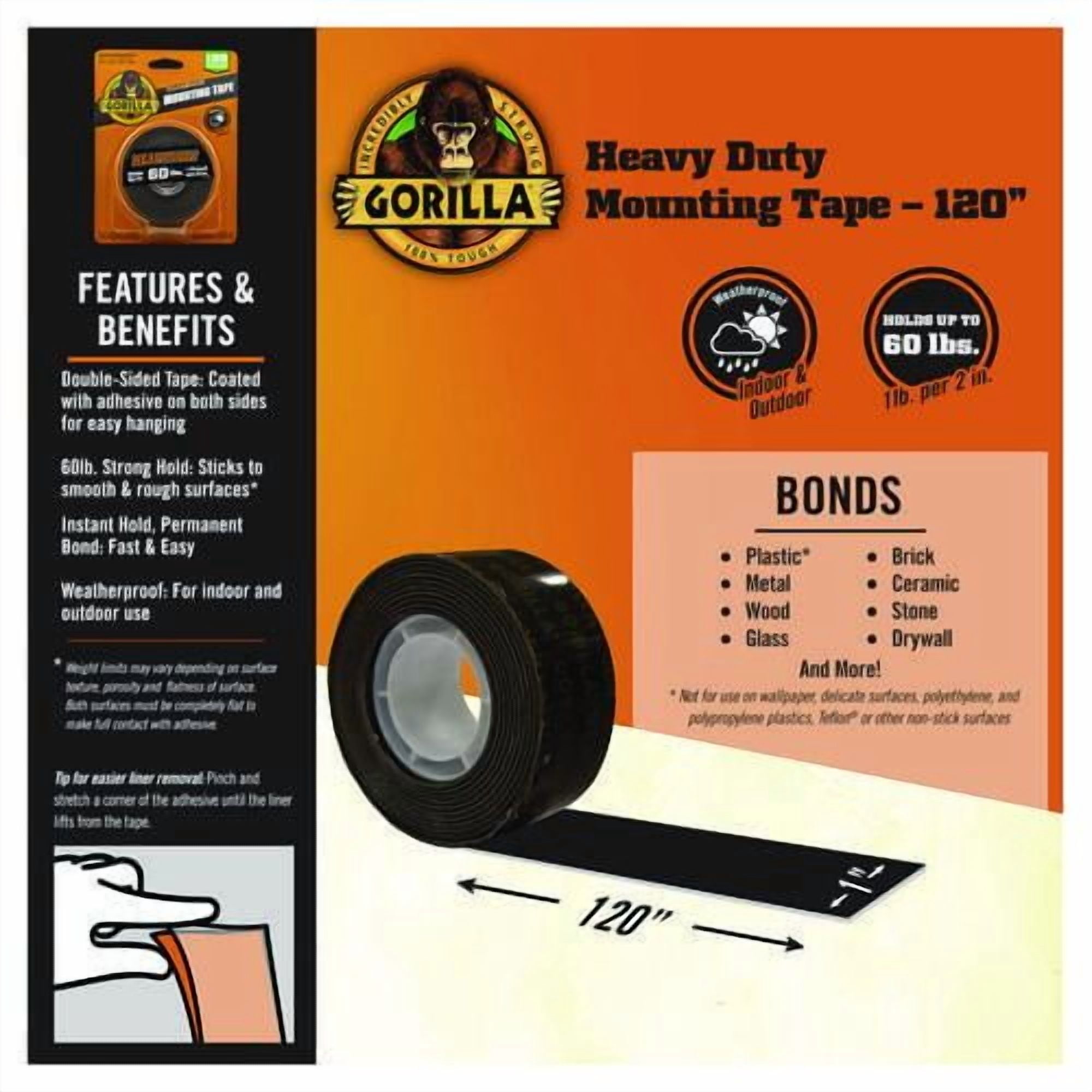 Heavy Duty Mounting Tape, Permanent, Holds Up to 60 lb (1 lb per 2 in), 1 x 120, Black | Bundle of 2
